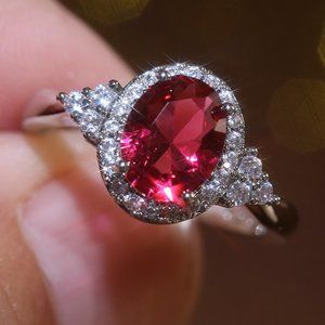 NEW Silver Oval Ruby Round Diamond Halo Ring